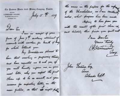 STEVENSON 1889 LONDON LETTER NOUVEAU MONDE GOLD MINE JOHN FORTUNE COMO COLORADO
