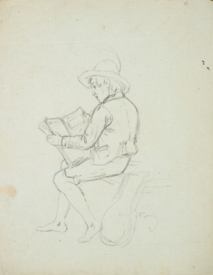 L. KNAUS (1829-1910) Umkreis, Figurenstudie. Junger Mann beim Zeitunglesen, Blei