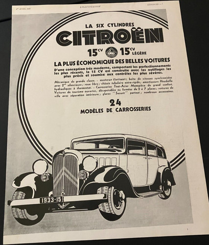1933 Citroen 15cv Six Cylinder - Vintage Original French Print Ad / Wall Art