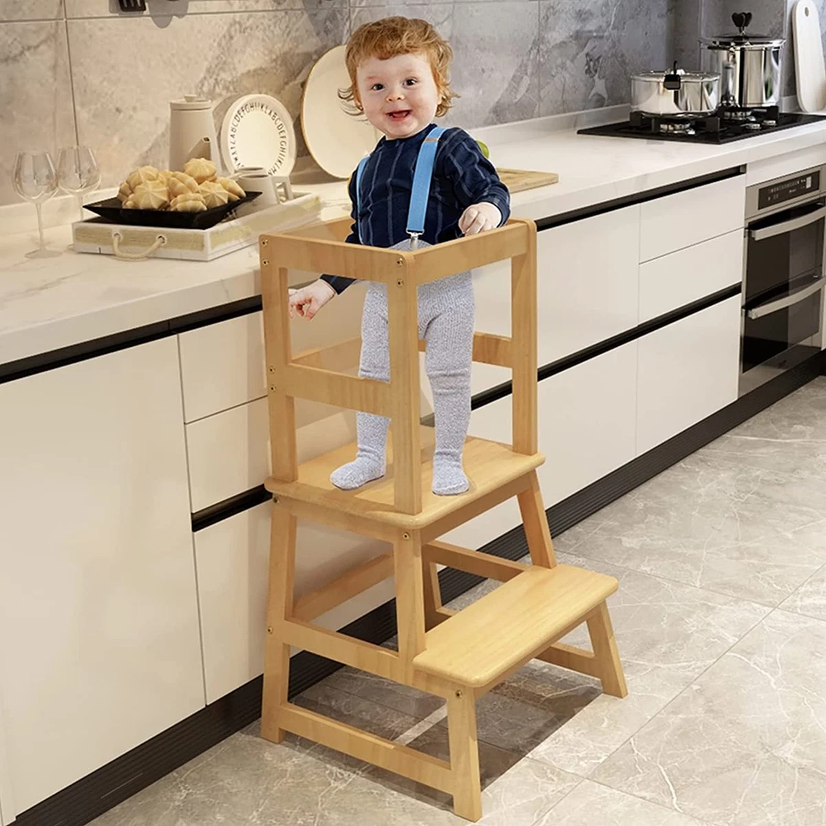 Kitchen Buddy Kids Step Ladder Stool Toddler Learning Tower Safety Bar  Helper