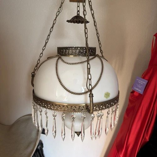 Vintage Brass & Milk Glass Hanging Swag Lamp with Crystal Prisms