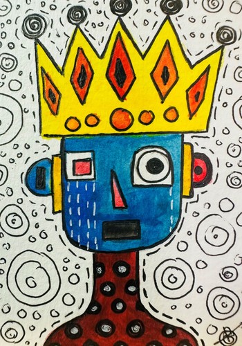 Crowned Robot Yellow ACEO Original Acrylic Painting Pop Surreal Face Gallery Art