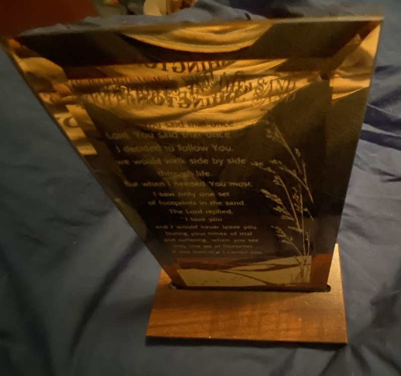 Footprints in the Sand Christian Mirrored Glass Plaque Sign w/ Wooden Stand