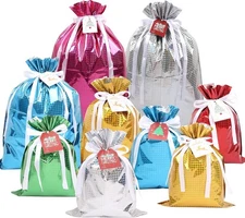 MAMUNU 15PCS Christmas Drawstring Gift Bags, pink,silver,sky blue,gold,red 