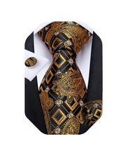Mens Tie Set Silk Solid Paisley Necktie and Pocket Square Gold Black 7298