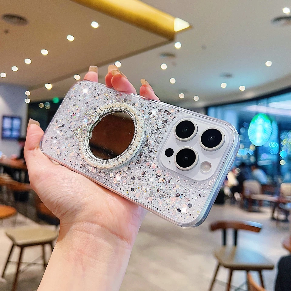 For iPhone Samsung Case Glitter Pearl makeup mirror Bling Phone Cover Women Girl - Image 3 of 4