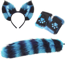 Cat Wolf Fox Tail Faux Fur Ear Headband Paw Gloves Set for Women Adult Halloween