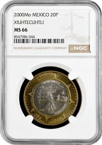 Mexico 20 pesos 2000 Mo, NGC MS66, "Xiuhtecuhtli - Lord of Fire"
