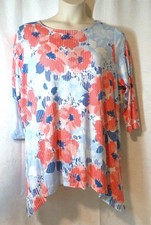 Ruby Rd. Red Blue White Floral Print Hi-Low 3/4 Sleeve Knit Top Size 1X
