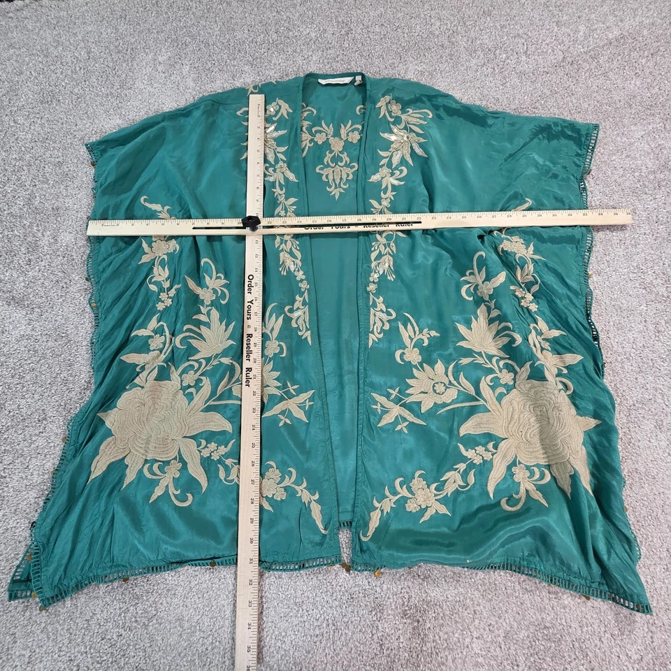 Plumero Kimono Suave Bordado Boho Lentejuelas Flecos Verde Azulado/Tostado S/M Foto 4 de 4