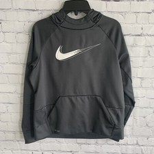 Nike Dri-Fit Kids Gray White Swoosh Hoodie Sweatshirt Size Large Gray White