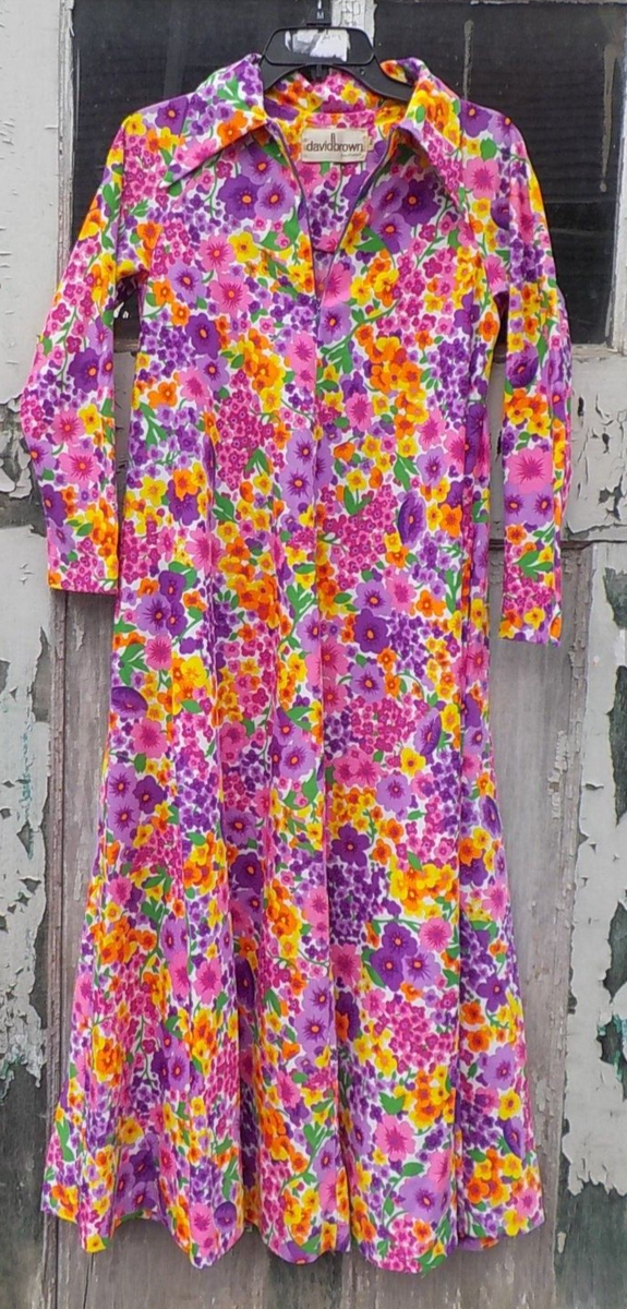 david brown california dress Vintage Caftan House Lounge Maxi COLORFUL FLOWERS p Vintage 1980s David Brown Feature:FreeCycle® Fabric Lady Black Tie - Size:US M