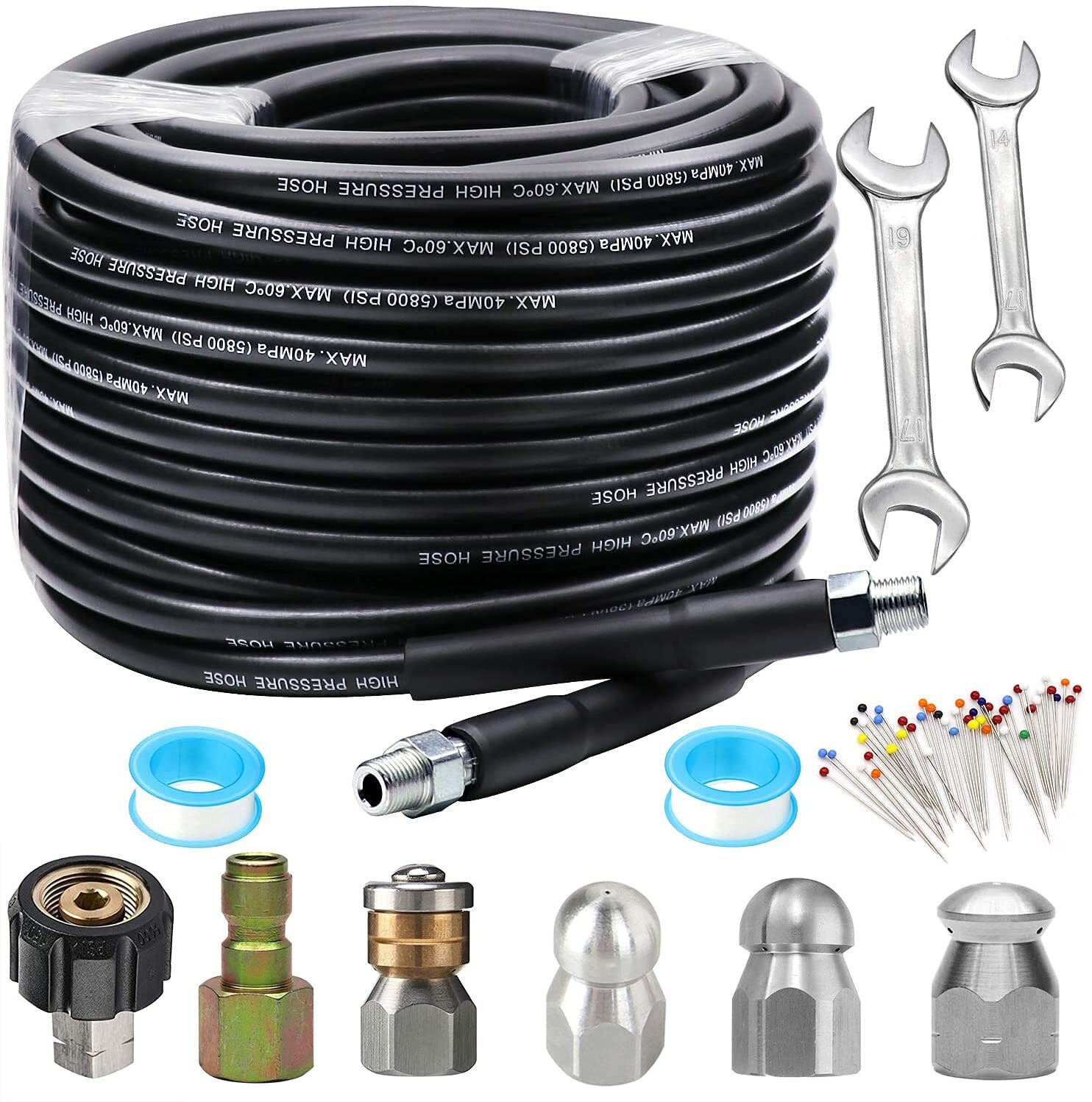 100 FT Sewer Jetter Kit for Pressure Washer,Sewer Jetter Nozzles Kit,Drain Cl...