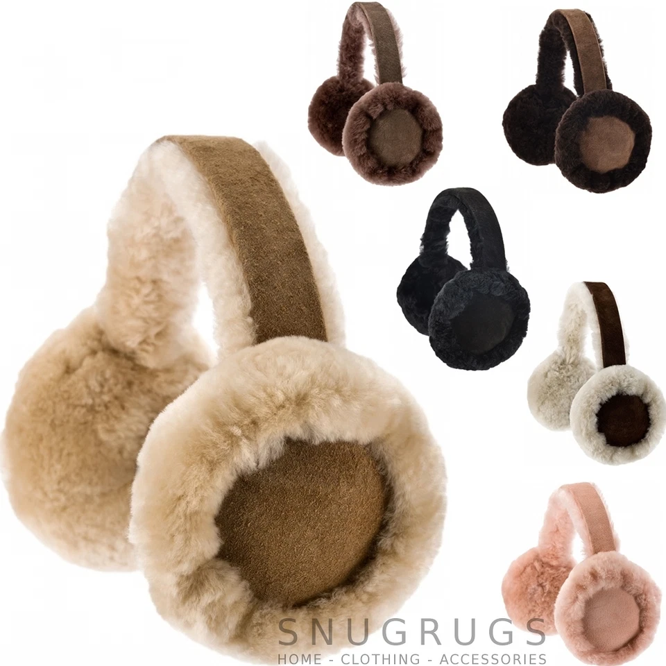 SNUGRUGS DAMEN ECHTE DICKE SCHAFFELL OHRMUFFS & GESCHENKBOX SCHWARZ KASTANIE, BRAUN, ROSA,