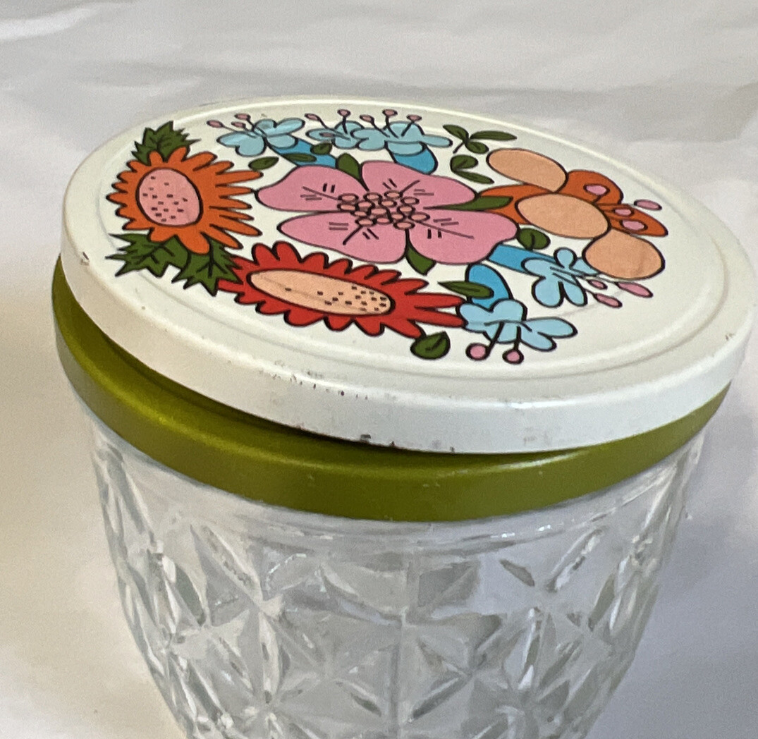 Vintage Ball Quilted Crystal Glass Jelly Jars W/Floral Metal LidsSet