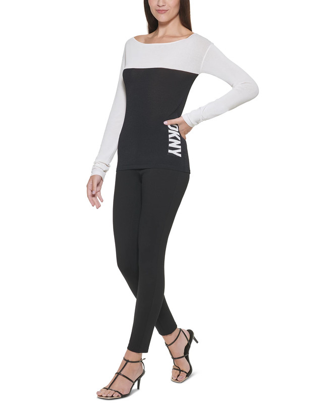 DKNY Womens Colorblock'd Pullover Black/White Light Top  Sz M NWT