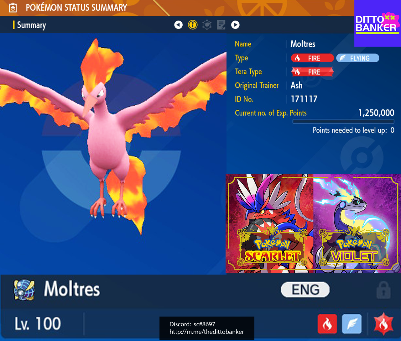 Pokemon Scarlet and Violet Shiny Moltres 6IV-EV Trained