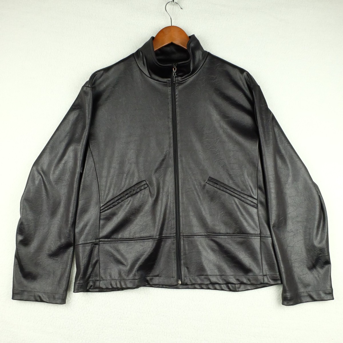 Vintage Womens Bomber Jacket 12 Black Faux Leather Full Zip