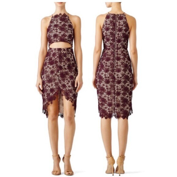 revolve purple lace dress Stylestalker Revolve Rosale Lace Halter Cut Out Midi Dress Purple Lace XS S