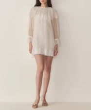 Women Doen Round Neck Lace Mesh Long Sleeve A-line Mini Dress