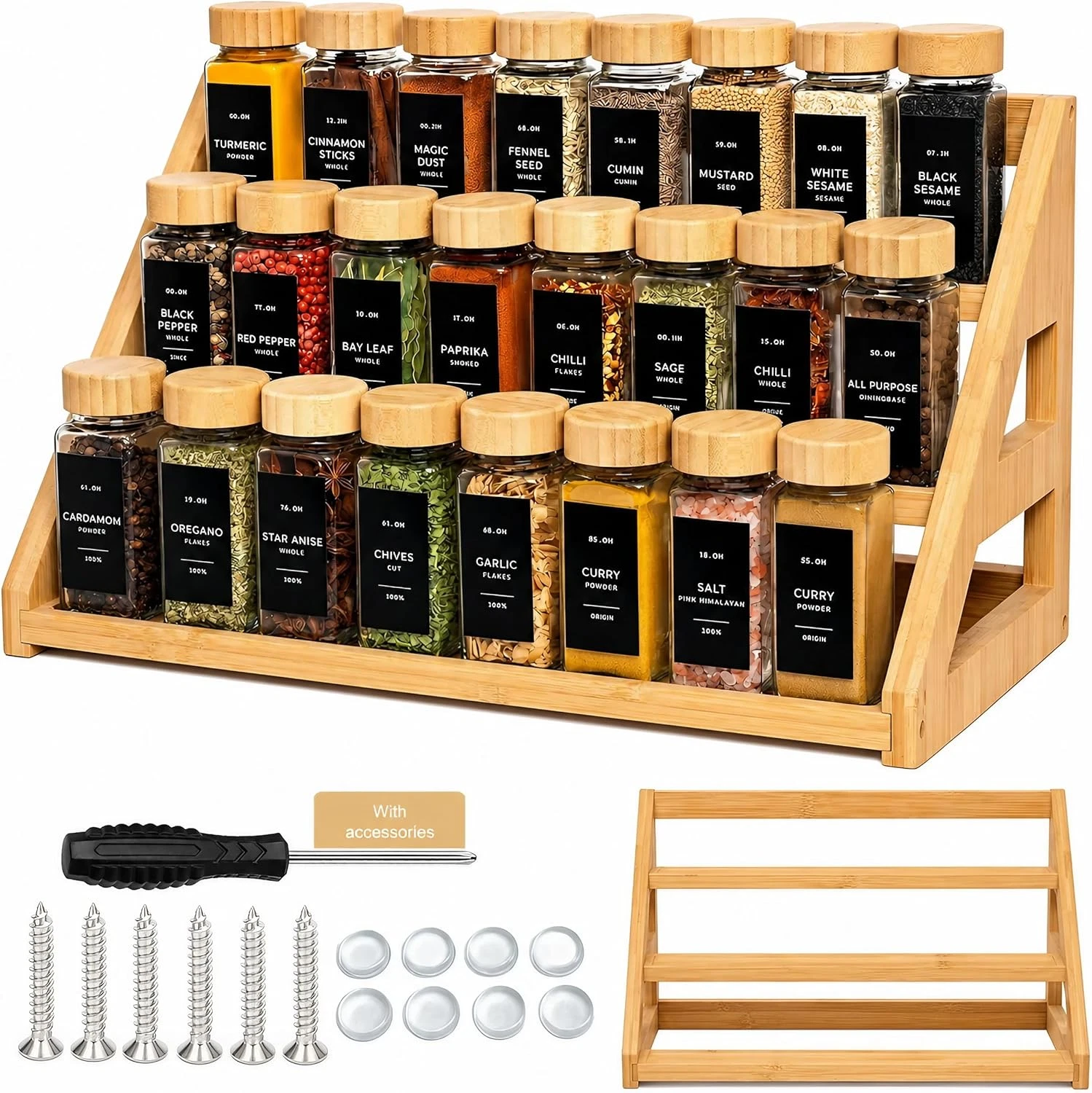 Bamboo Tier Spice Rack Organizer: 17.5 Inch Wide Kitchen Cabinet Countertop Spic
