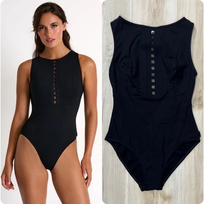 SHAN One Piece Swimsuit Maeva High Neck Black Mesh Insets Eyelets Size 10 US