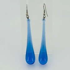 Vtg BLUE Glass TEARDROP Dangle EARRINGS Long OMBRE Art Glass Silver Tone Hooks