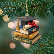 Personalized Graduation Ornament Class of 2025 Cap and Books Gift