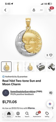 14k Two-tone Gold Sun and Moon Charm Pendant for Women 4.58g