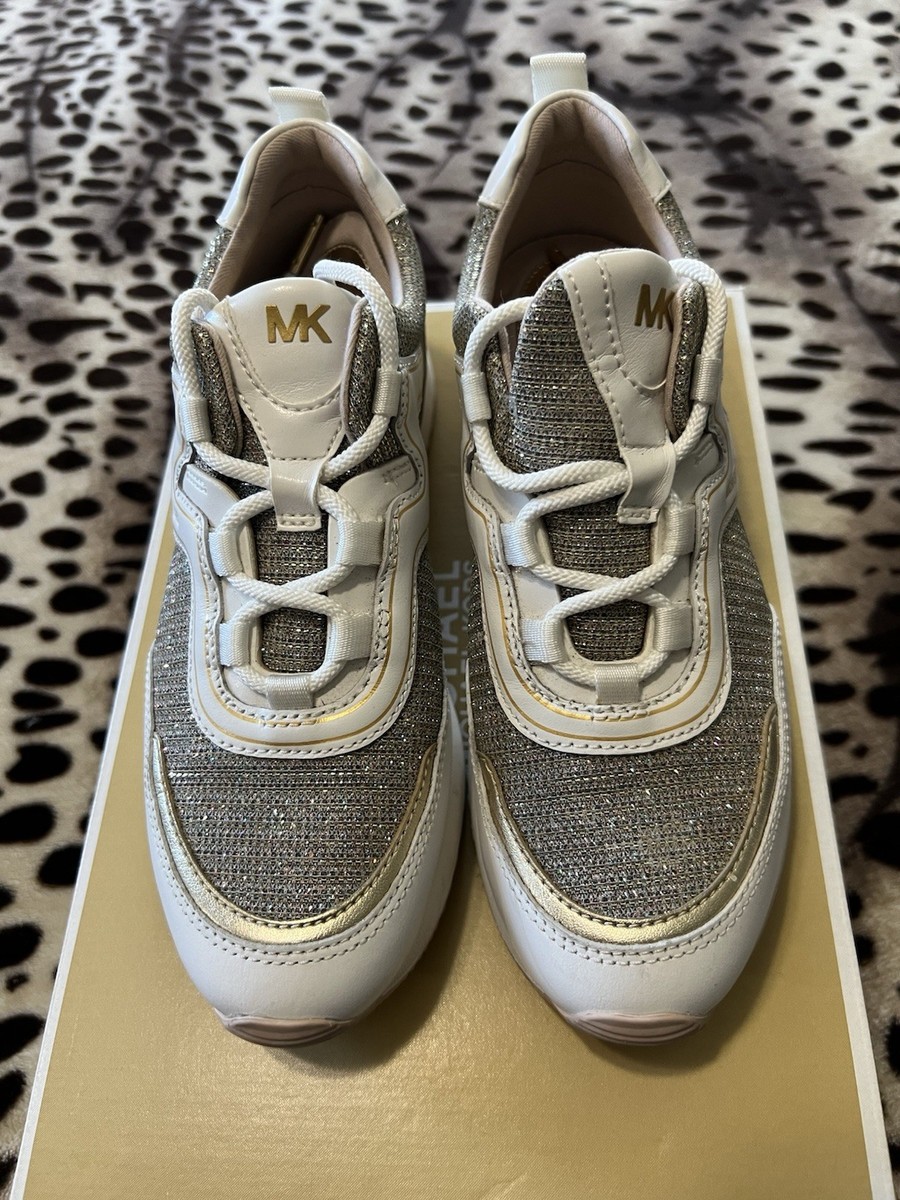 Michael Kors Glitter Mesh Sneakers Silver White Gold Metallic Logo