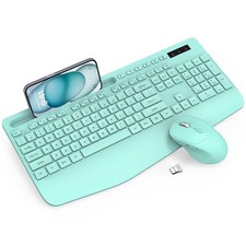 Wireless Keyboard and Mouse Combo Full Size Ergonomic Wrist Rest Green PC Laptop
