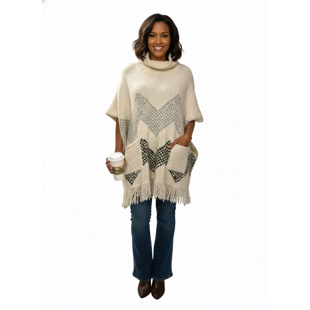 Elizabeth and James Oversized Knit Fringe Poncho Cape O/S Cream Chevron