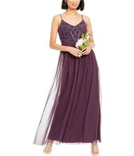 Adrianna Papell Womens Beaded Top Gown Dress, Purple, 4