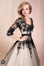 Black Lace Over White,  Bodice Evening Dress