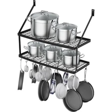 30-Inch Wall-Mounted Kitchen Pot Rack - 2-Tier Heavy Duty Iron Shelf with 15 ...