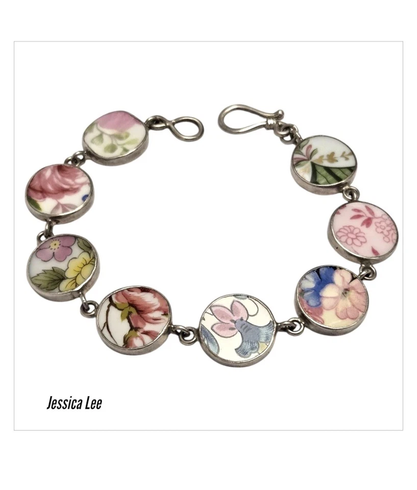 Alluring JESSICA LEE SterlingSilver Eight Painted Flowers On Porcelain Bracelet  - Image 3 of 4