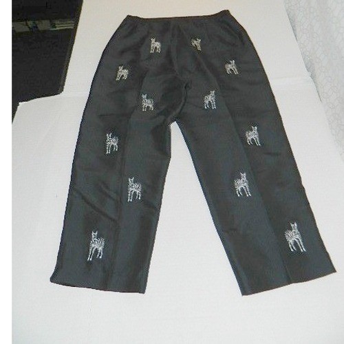 Silkland Zebra Embroidered Silk Pants Womens Size 8 Black High Rise Straight Leg