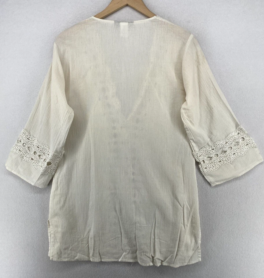 LA BLANCA Tunic PM Gauze Lace Trim Cover Up Deep V-Neck 3/4 Sleeve Off White - Image 3 of 4