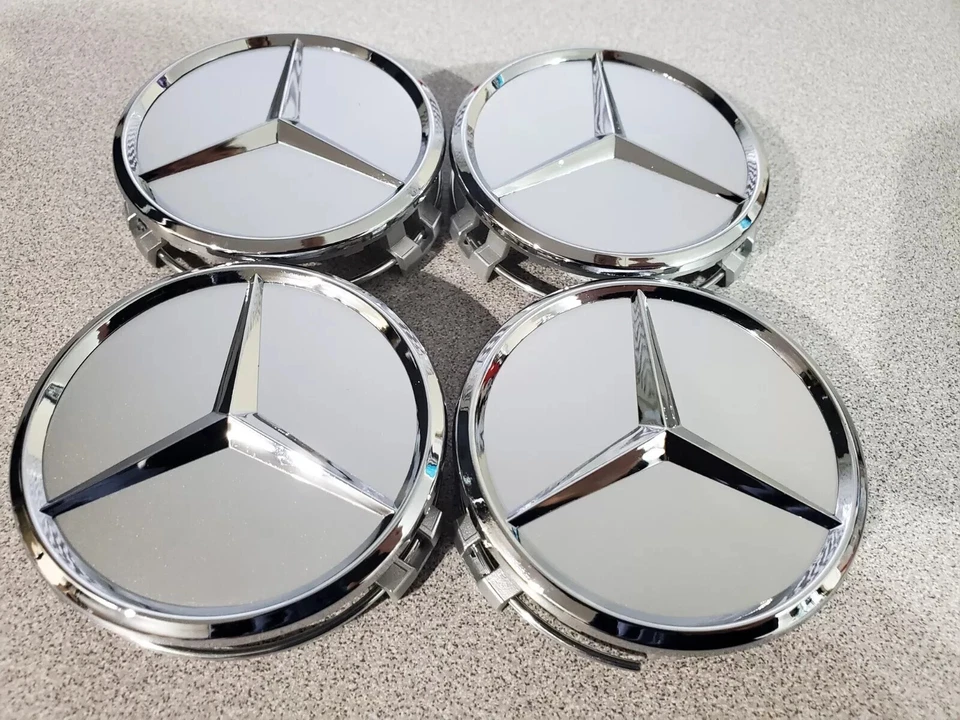8 Piece For AMG Wheel Center Caps & Tire Air Caps SILVER/ CHROME Set 75MM Foto 2 de 4