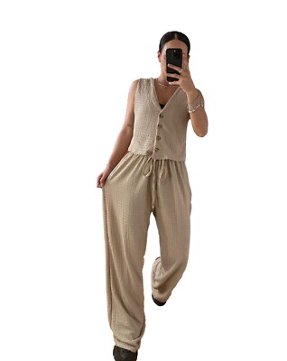 Women's V Neck Co-Ord Set Waffle Knit Waistcoat Wide Leg