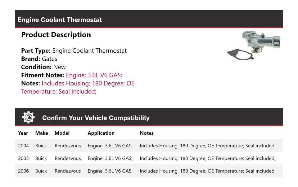 Para Buick Rendezvous 2004-2006 3,6 L V6 motor gas refrigerante termostato puertas 2005 Foto 2 de 4