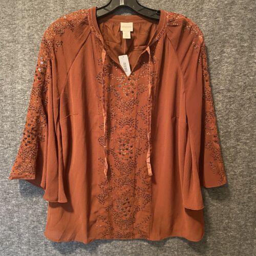 Chicos Top Womens 0 Small Brown Sequin Tie Velvet Bell Sleeve Boho Blouse NEW