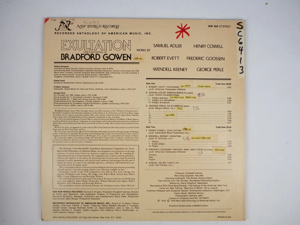 Bradford Gowen Exultation Works by Samuel Adler, Robert Evett New World NW304 EX - Image 2 of 3