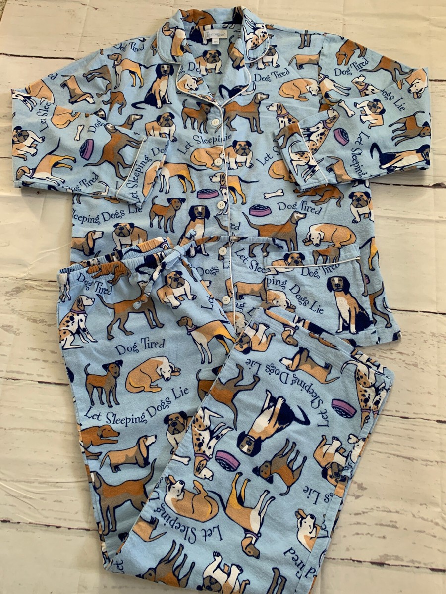 Pajamagram Women’s M Dog Tired Boyfriend Flannel Pajamas 2-Pc Blue 100%  Cotton
