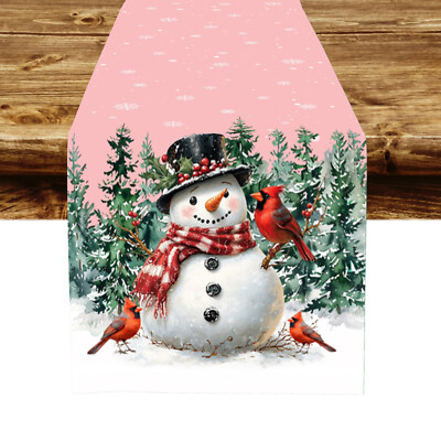 Cardinal Pink Xmas Snowman Table Runner Kitchen Dining Coffee Table Decoration