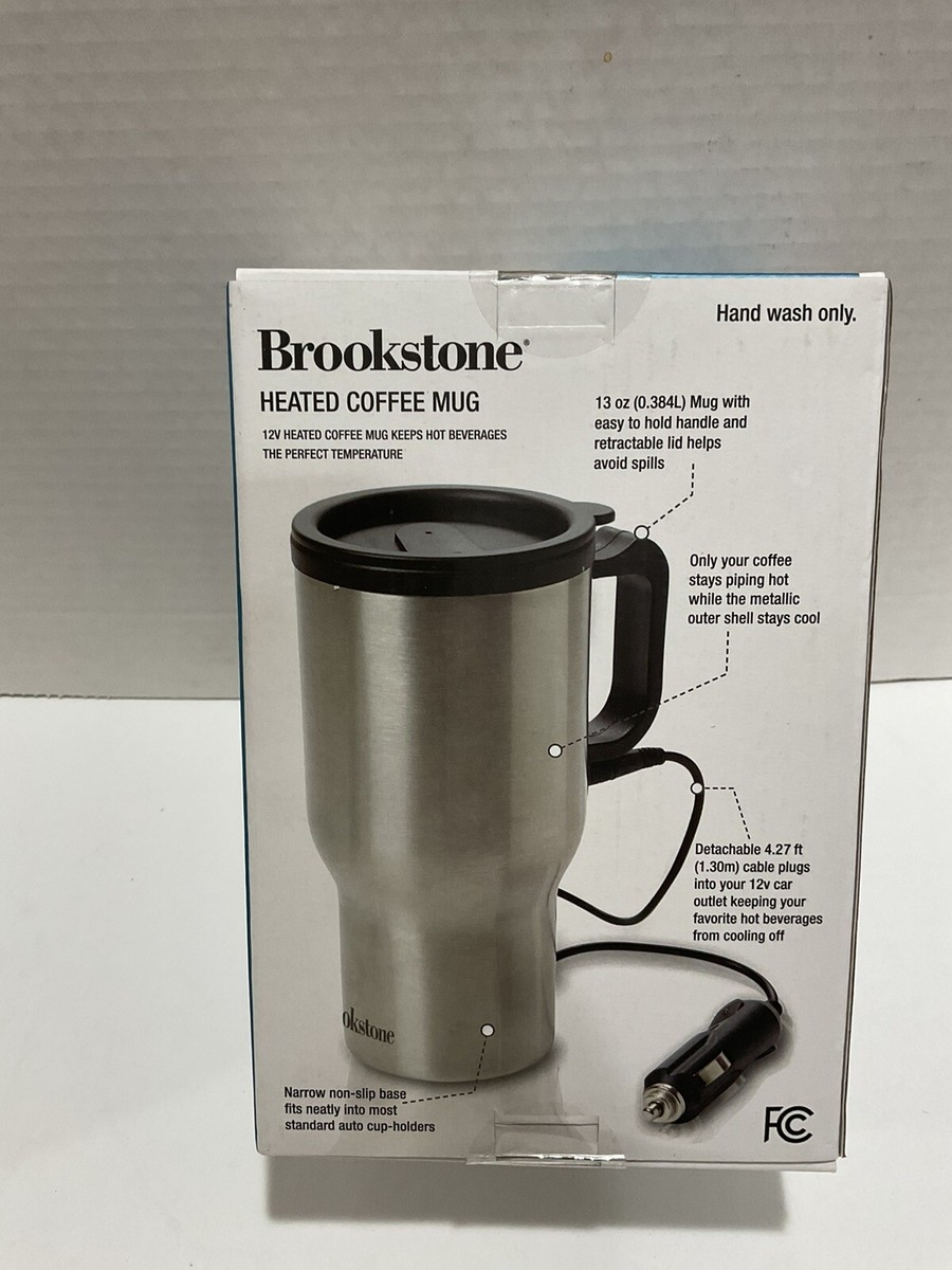 Brookstone Heated Coffee Mug 12V NIB Silver/Black With Car Adapter