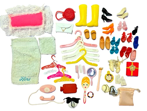 Lot of 58 Vintage 1960s BARBIE Shoes, Accessories, Hangers & More!