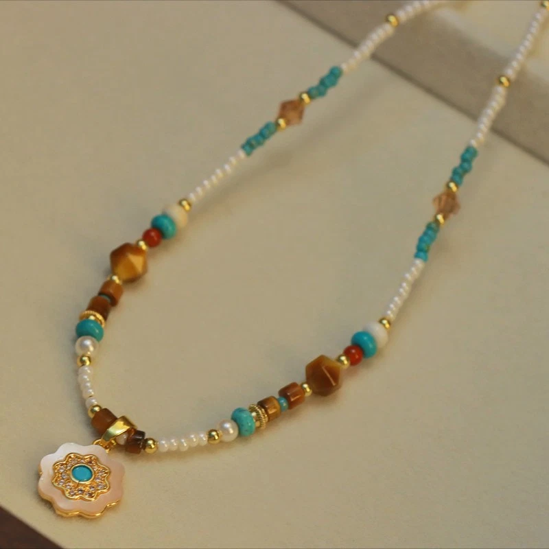 Boho Turquoise Beaded Necklace Flower Shell Pendant Necklace for Women - product detail image 1
