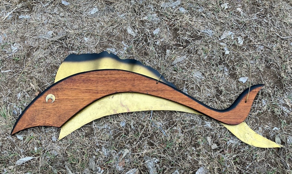 A genuine Masketeers walnut & metal sailfish wall sculpture — a named, collectible mid-century piece that serious MCM fans will immediately recognize and covet.