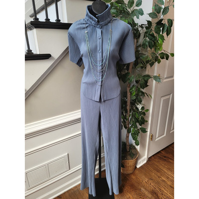 MANIER E DE VOIR 2 Piece Suit Womens Size 12 Blue Striped Short Sleeve Mock Neck